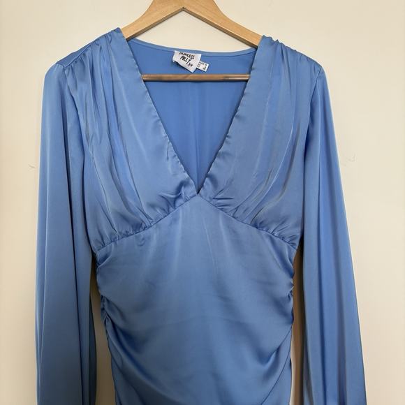 Princess Polly Parsons Long Sleeve Mini Dress Blue Bodycon V-Ncek Silky Size 6 - Picture 4 of 12